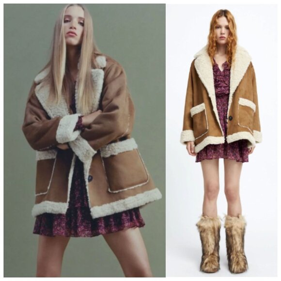 Zara Double Faced Coat Boxy Patch Pockets Faux Sherpa Faux Suede Brown S - Picture 2 of 16